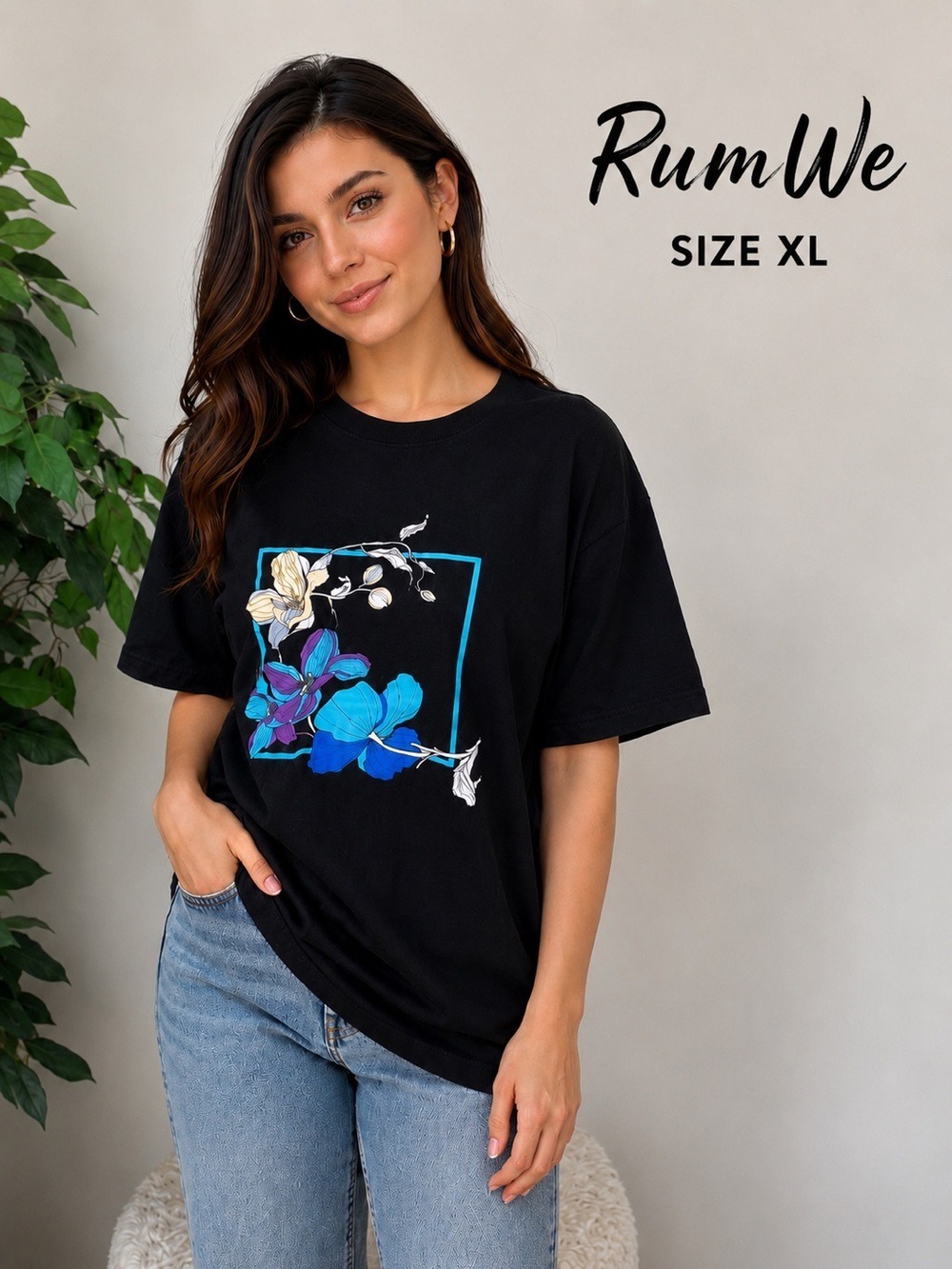 RumWe Floral Graphic Oversized Tee – Size XL